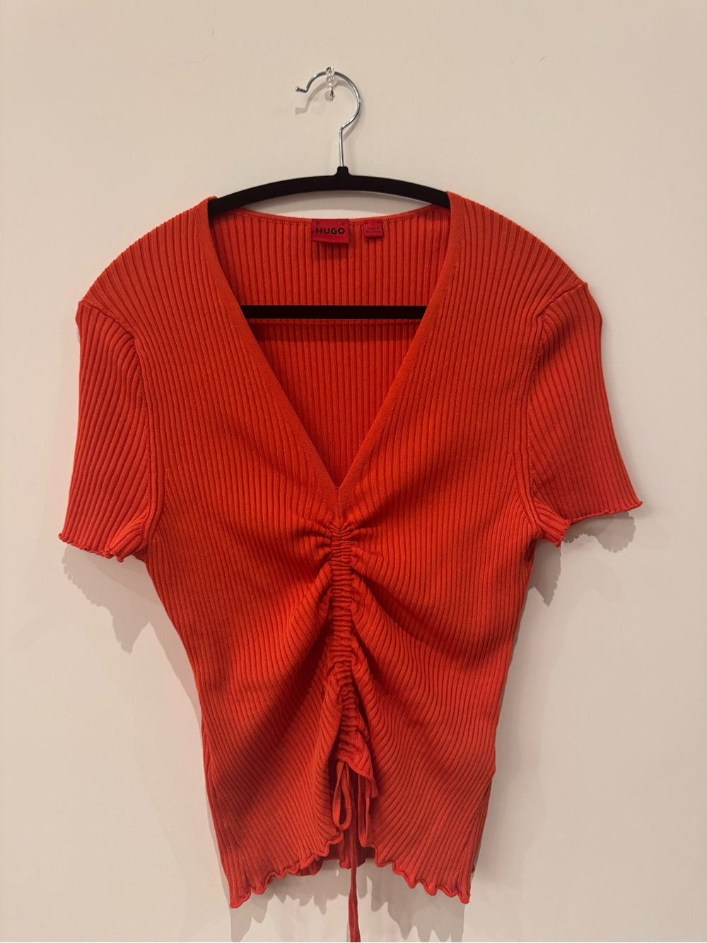 HUGO Ribbed V-Neck Drawstring Crop Top in Orange-Red